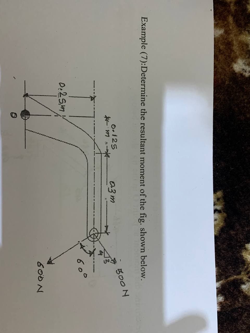 Example (7):Determine the resultant moment of the fig. shown below.
0.125
500 N
03m
D:25m
600 N
