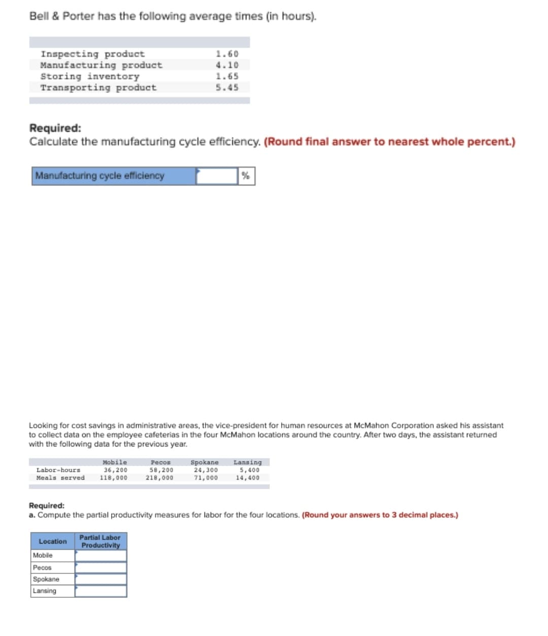 Bell & Porter has the following average times (in hours).
Inspecting product
Manufacturing product
Storing inventory
Transporting product
1.60
4.10
1.65
5.45
Required:
Calculate the manufacturing cycle efficiency. (Round final answer to nearest whole percent.)
Manufacturing cycle efficiency
Looking for cost savings in administrative areas, the vice-president for human resources at McMahon Corporation asked his assistant
to collect data on the employee cafeterias in the four McMahon locations around the country. After two days, the assistant returned
with the following data for the previous year.
Mobile
36,200
118,000
Spokane
24,300
71,000
Lansing
5,400
14,400
Pecos
Labor-hours
Meals served
58,200
218,000
Required:
a. Compute the partial productivity measures for labor for the four locations. (Round your answers to 3 decimal places.)
Partial Labor
Location
Productivity
Mobile
Pecos
Spokane
Lansing
