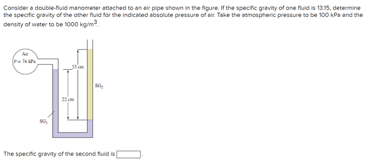 Consider a double-fluid manometer attached to an air pipe shown in the figure. If the specific gravity of one fluid is 13.15, determine
the specific gravity of the other fluid for the indicated absolute pressure of air. Take the atmospheric pressure to be 100 kPa and the
density of water to be 1000 kg/m³.
Air
P= 76 kPa
SG₁
33 cm
22 cm
SG₂
The specific gravity of the second fluid is