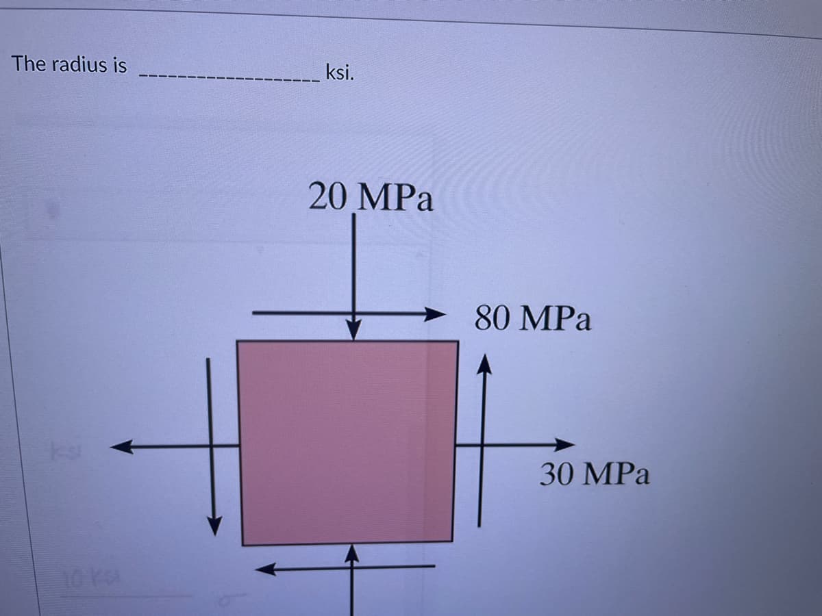 The radius is
ksi.
20 MPa
80 MPa
30 MPa