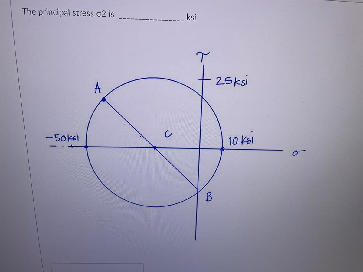 The principal stress o2 is
-50ksi
A
C
ksi
T
B
25 ksi
10 ksl