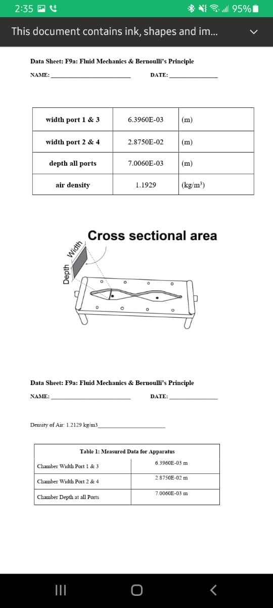 2:35 A U
* N a 95%i
This document contains ink, shapes and im..
Data Sheet: F9a: Fluid Mechanics & Bernoulli's Principle
NAME:
DATE:
width port 1 & 3
6.3960E-03
(m)
width port 2 & 4
2.8750E-02
(m)
depth all ports
7.0060E-03
(m)
air density
1.1929
(kg/m³)
Cross sectional area
Data Sheet: F9a: Fluid Mechanics & Bernoulli's Principle
NAME:
DATE:
Density of Air: 1.2129 kg/m3
Table 1: Measured Data for Apparatus
6.3960E-03 m
Chamber Width Port 1 & 3
2.8750E-02 m
Chamber Width Port 2 & 4
7.0060E-03 m
Chamber Depth at all Ports
Width
Depth
