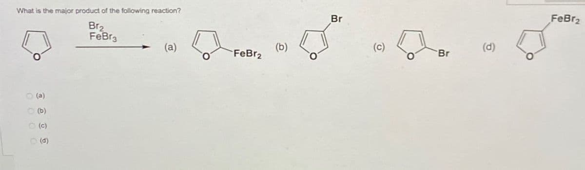 What is the major product of the following reaction?
Br2
FeBr3
(a)
(c)
(d)
8 €
(b)
(a)
(b)
FeBr2
Br
(c)
(d)
°
Br
FeBr₂