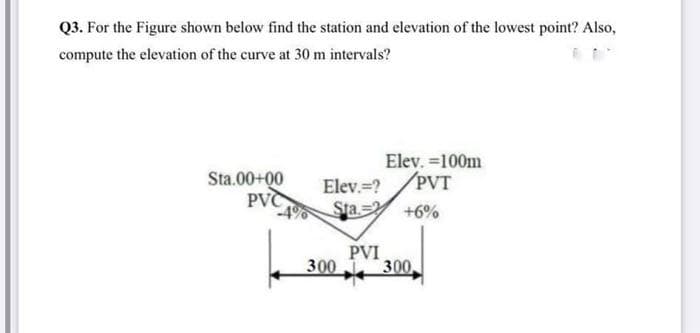 Q3. For the Figure shown below find the station and elevation of the lowest point? Also,
compute the elevation of the curve at 30 m intervals?
Sta.00+00
PVC
Elev. =100m
Elev.=?/PVT
Sta= +6%
4%
PVI
300 300
