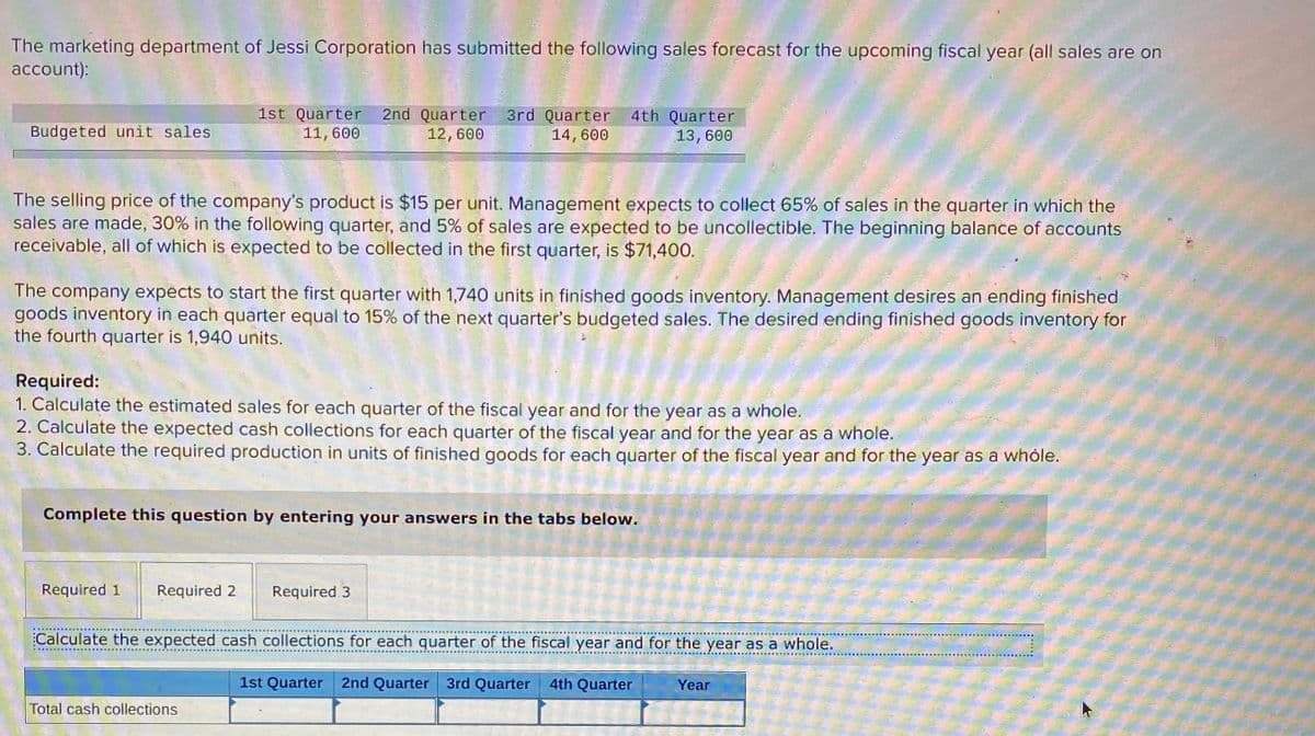 The marketing department of Jessi Corporation has submitted the following sales forecast for the upcoming fiscal year (all sales are on
account):
1st Quarter 2nd Quarter
11, 600
3rd Quarter
14, 600
4th Quarter
13, 600
Budgeted unit sales
12, 600
The selling price of the company's product is $15 per unit. Management expects to collect 65% of sales in the quarter in which the
sales are made, 30% in the following quarter, and 5% of sales are expected to be uncollectible. The beginning balance of accounts
receivable, all of which is expected to be collected in the first quarter, is $71,400.
The company expects to start the first quarter with 1,740 units in finished goods inventory. Management desires an ending finished
goods inventory in each quarter equal to 15% of the next quarter's budgeted sales. The desired ending finished goods inventory for
the fourth quarter is 1,940 units.
Required:
1. Calculate the estimated sales for each quarter of the fiscal year and for the year as a whole.
2. Calculate the expected cash collections for each quarter of the fiscal year and for the year as a whole..
3. Calculate the required production in units of finished goods for each quarter of the fiscal year and for the year as a whóle.
Complete this question by entering your answers in the tabs below.
Required 1
Required 2
Required 3
Calculate the expected cash collections for each quarter of the fiscal year and for the year as a whole.
1st Quarter 2nd Quarter 3rd Quarter 4th Quarter
Year
Total cash collections
