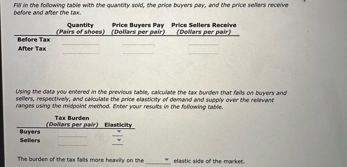 Fill in the following table with the quantity sold, the price buyers pay, and the price sellers receive
before and after the tax.
Before Tax
After Tax
Quantity
Price Buyers Pay Price Sellers Receive
(Pairs of shoes) (Dollars per pair) (Dollars per pair)
Using the data you entered in the previous table, calculate the tax burden that falls on buyers and
sellers, respectively, and calculate the price elasticity of demand and supply over the relevant
ranges using the midpoint method. Enter your results in the following table.
Buyers
Sellers
Tax Burden
(Dollars per pair) Elasticity
The burden of the tax falls more heavily on the
elastic side of the market.