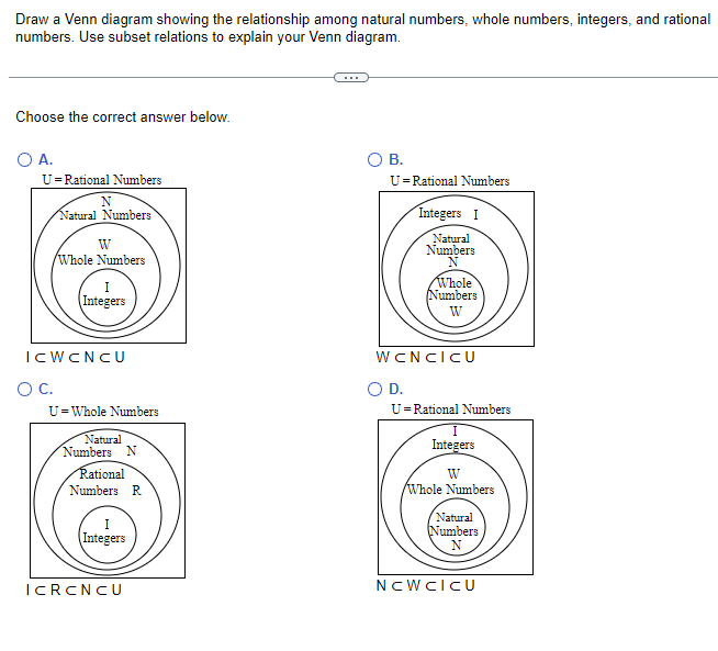 Draw a Venn diagram showing the relationship among natural numbers, whole numbers, integers, and rational
numbers. Use subset relations to explain your Venn diagram.
Choose the correct answer below.
A.
U=Rational Numbers
N
Natural Numbers
O C.
W
Whole Numbers
Integers
ICWCNCU
U = Whole Numbers
Natural
Numbers N
Rational
Numbers R
I
Integers
ICRCNCU
O B.
U =Rational Numbers
Integers I
Natural
Numbers
N
O D.
Whole
Numbers
W
WCNCICU
U = Rational Numbers
I
Integers
W
Whole Numbers
Natural
Numbers
N
NCWCICU