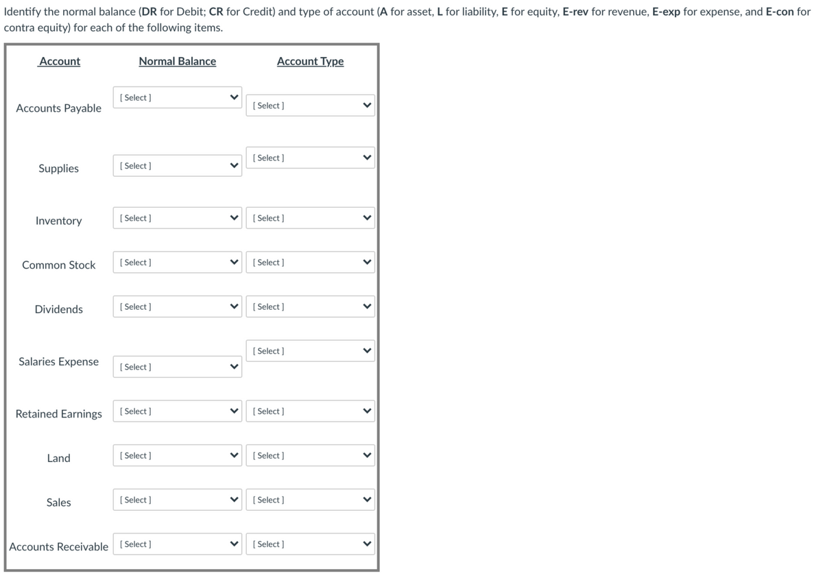 Identify the normal balance (DR for Debit; CR for Credit) and type of account (A for asset, L for liability, E for equity, E-rev for revenue, E-exp for expense, and E-con for
contra equity) for each of the following items.
Account
Normal Balance
Account Type
[ Select ]
Accounts Payable
[ Select ]
[ Select ]
Supplies
[ Select ]
Inventory
[ Select ]
[ Select ]
Common Stock
[ Select ]
[ Select ]
Dividends
[ Select ]
[ Select ]
[ Select ]
Salaries Expense
[ Select ]
Retained Earnings
[ Select ]
[ Select ]
Land
[ Select ]
[ Select ]
Sales
[ Select ]
[ Select ]
Accounts Receivable [ Select ]
[ Select ]
>
>
>
>
>
>
>
>
>
>
>
