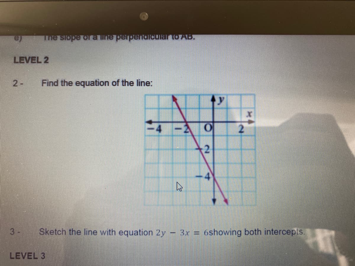 The slope or aine perpenalcular to AB.
LEVEL 2
2-
Find the equation of the line:
2 0
3-
Sketch the line with equation 2y
6showing both intercepts.
3x =
LEVEL 3
2.
