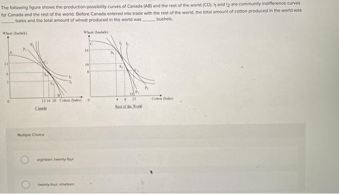 The following figure shows the production-possibility curves of Canada (AB) and the rest of the world (CD). I and 12 are community indifference curves
for Canada and the rest of the world. Before Canada entered into trade with the rest of the world, the total amount of cotton produced in the world was
bales and the total amount of wheat produced in the world was.
bushels.
Wheat (bushch)
11
A
12 16 20 Cotton (bales)
Canada
Multiple Choice
eighteen; twenty-four
twenty-four, nineteen
Wheat (busheh)
16
10
C
0
48 12
Best of the Work
Coton (baks):