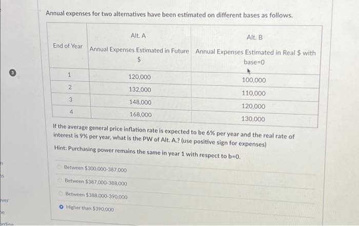 is
ver
ne
ordine
Annual expenses for two alternatives have been estimated on different bases as follows.
Alt. A
Alt. B
End of Year Annual Expenses Estimated in Future Annual Expenses Estimated in Real $ with
base=0
1
2
3
4
Between $300,000-387,000
If the average general price inflation rate is expected to be 6% per year and the real rate of
interest is 9% per year, what is the PW of Alt. A.? (use positive sign for expenses)
Hint: Purchasing power remains the same in year 1 with respect to b=0.
Between $387,000-388.000
120,000
132,000
148,000
168,000
Between $388,000-390,000
O Higher than $390,000
100,000
110,000
120,000
130,000