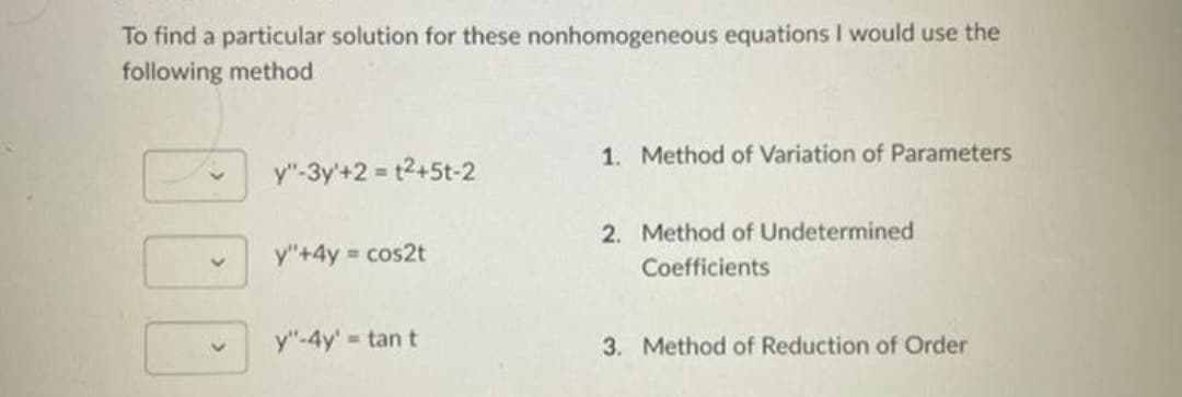 To find a particular solution for these nonhomogeneous equations I would use the
following method
1. Method of Variation of Parameters
y"-3y¹+2=t²+5t-2
2. Method of Undetermined
y"+4y= cos2t
Coefficients
y"-4y' = tant
3. Method of Reduction of Order
3