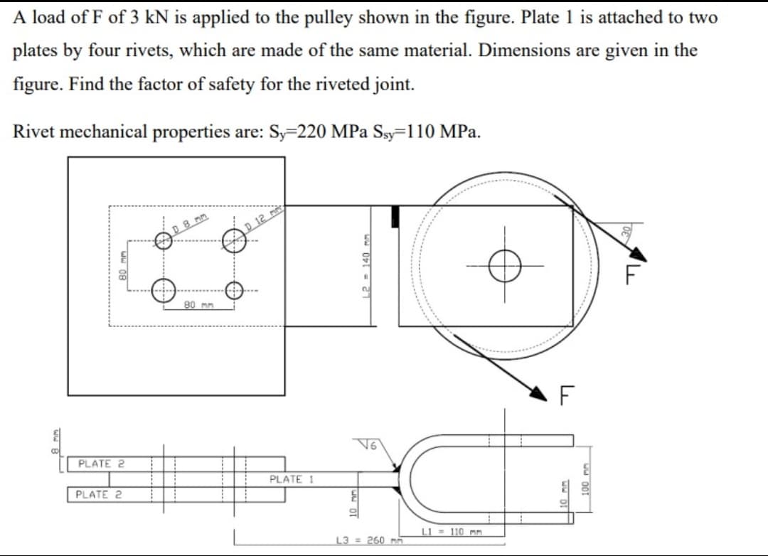 A load of F of 3 kN is applied to the pulley shown in the figure. Plate 1 is attached to two
plates by four rivets, which are made of the same material. Dimensions are given in the
figure. Find the factor of safety for the riveted joint.
Rivet mechanical properties are: Sy=220 MPa Ssy-110 MPa.
D 8 mm
K
80 mm.
PLATE 2
PLATE 2
PLATE 1
21 = 071 العالم _
V6
2
L3 260 mm
L1 110 mm.
F