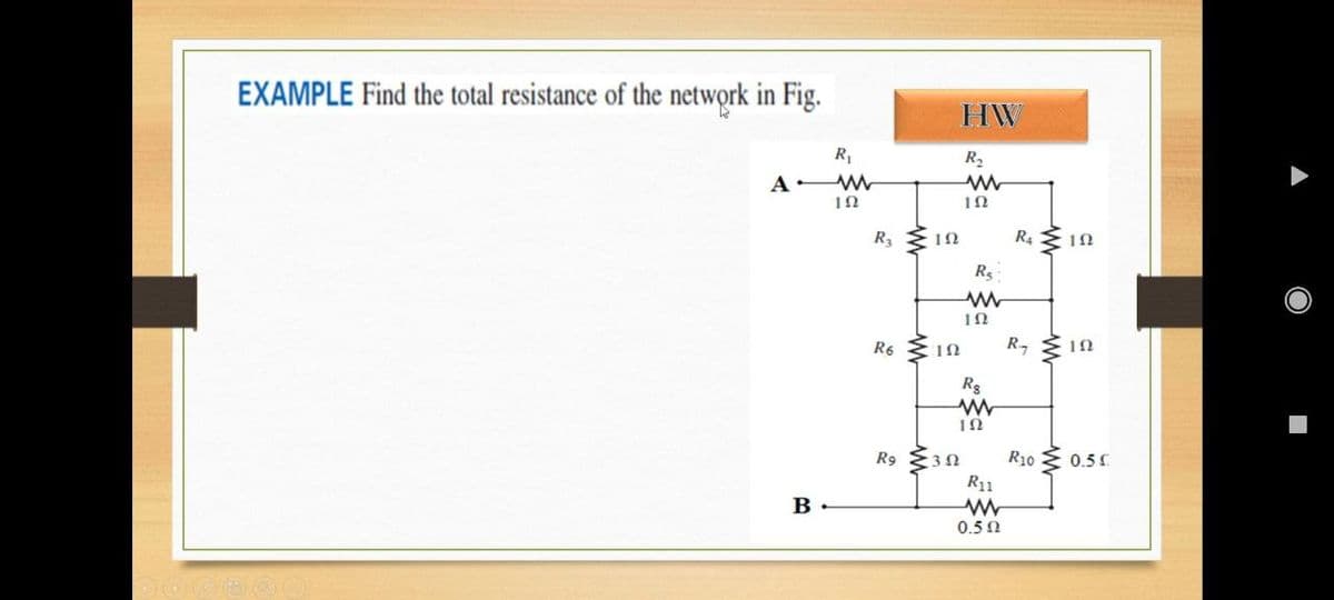 EXAMPLE Find the total resistance of the network in Fig.
HW
R1
R2
R3
R4 E 1N
Rs
R6 1N
Rg
R10
R11
R9
:3Ω
: 0.5
0.5 0
