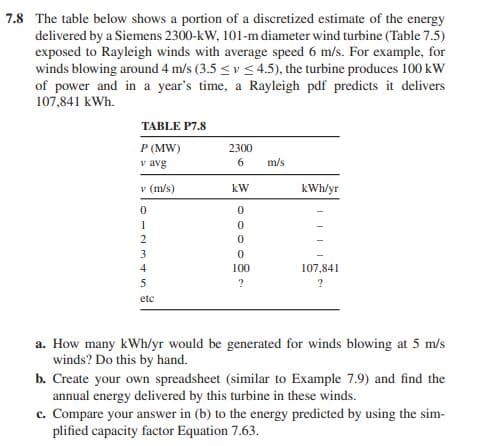 7.8 The table below shows a portion of a discretized estimate of the energy
delivered by a Siemens 2300-kW, 101-m diameter wind turbine (Table 7.5)
exposed to Rayleigh winds with average speed 6 m/s. For example, for
winds blowing around 4 m/s (3.5 <v < 4.5), the turbine produces 100 kW
of power and in a year's time, a Rayleigh pdf predicts it delivers
107,841 kWh.
TABLE P7.8
P (MW)
2300
v avg
6.
m/s
v (m/s)
kW
kWh/yr
3
100
107,841
ete
a. How many kWh/yr would be generated for winds blowing at 5 m/s
winds? Do this by hand.
b. Create your own spreadsheet (similar to Example 7.9) and find the
annual energy delivered by this turbine in these winds.
c. Compare your answer in (b) to the energy predicted by using the sim-
plified capacity factor Equation 7.63.
