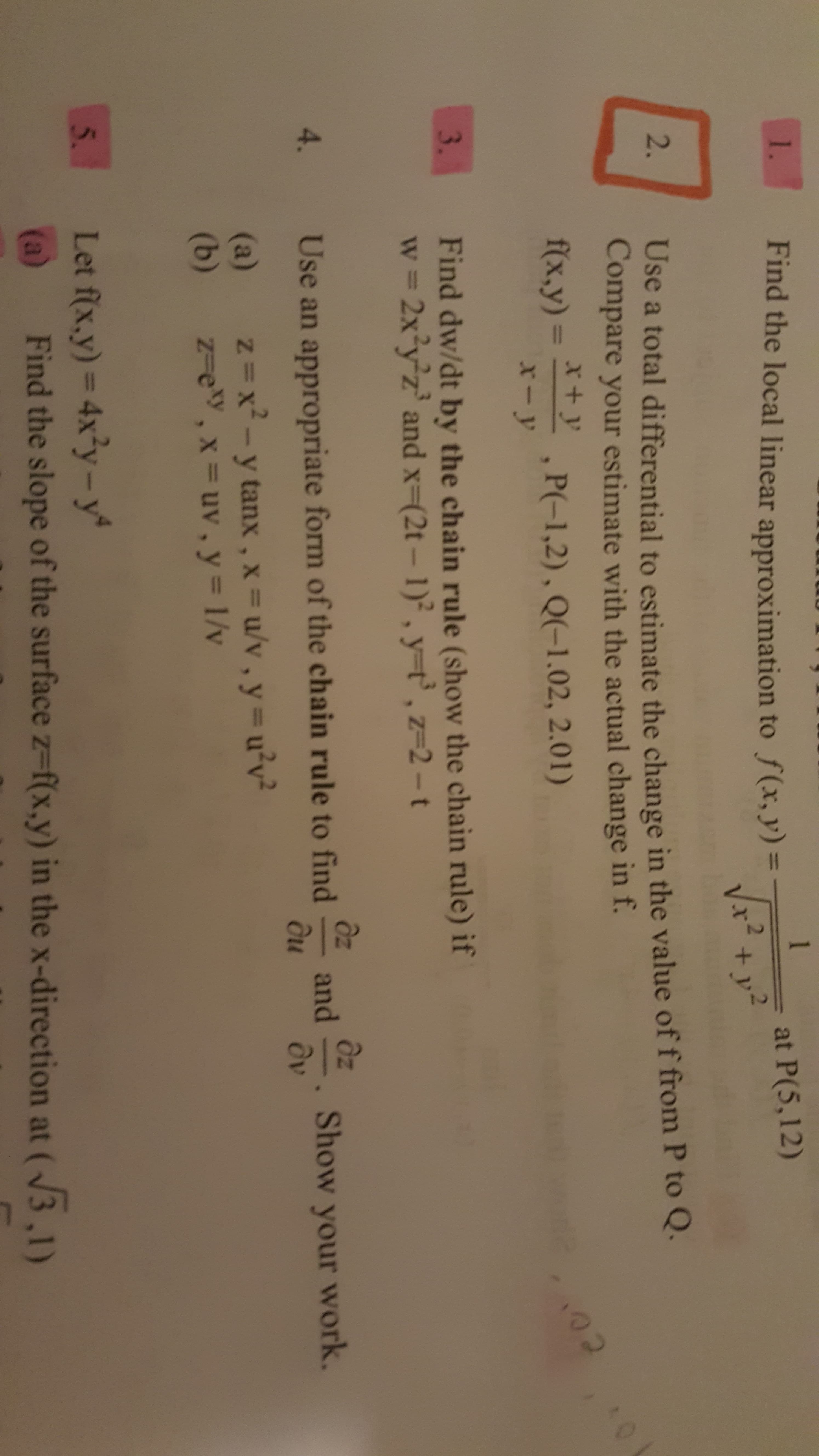 Ôz
and
Show
4.
Use an appropriate form of the chain rule to find
dv
(a)
z3x²-y tanx, x =u/v, y = u'v
