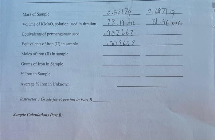 Mass of Sample
Volume of KMnO, solution used in titration
Equivalents of permanganate used
Equivalents of iron (II) in sample
Moles of iron (II) in sample
Grams of Iron in Sample
% Iron in Sample
Average % Iron in Unknown
Instructor's Grade for Precision in Part B.
Sample Calculations Part B:
0.58179 0.68719
28.19 ml
31,96m6
007662
00266 2
11
n