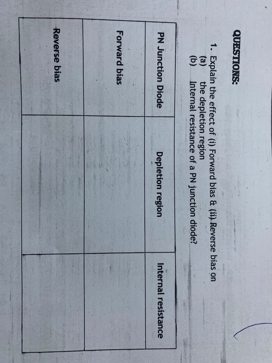 QUESTIONS:
1. Explain the effect of (i) Forward bias & (ii) Reverse bias on
(a)
(b)
the depletion.region
Internal resistance of a PN junction diode?
PN Junction Diode
Depletion region
Internal resistance
Forward bias
Reverse bias
