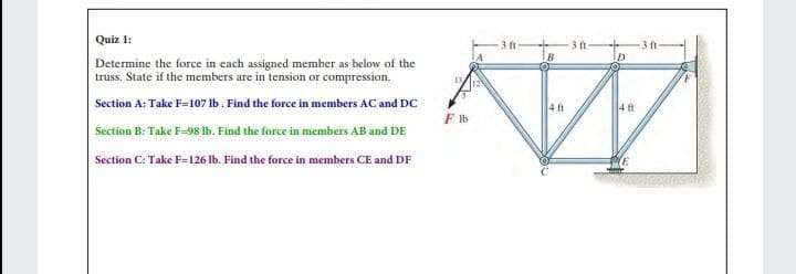 Quiz 1:
3 ft
3 ft
3 It
B
Determine the force in each assigned member as below of the
truss. State if the members are in tension or compression.
Section A: Take F=107 lb. Find the force in members AC and DC
4 ft
4 ft
F Ib
Section B: Take F-98 lb. Find the force in members AB and DE
Section C: Take F=126 Ib. Find the force in members CE and DF
