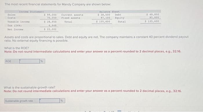 The most recent financial statements for Mandy Company are shown below:
Income Statement
Balance Sheet
$ 38,500
97,100
$ 135,600
Sales
Costa
Taxable income
Tax (248)
Net Income
ROE
$ 99,000
70,050
$ 28,950
6,948
$ 22,002
%
Sustainable growth rate
Current assets
Fixed assets
Total
Assets and costs are proportional to sales. Debt and equity are not. The company maintains a constant 40 percent dividend payout
ratio. No external equity financing is possible.
What is the ROE?
Note: Do not round intermediate calculations and enter your answer as a percent rounded to 2 decimal places, e.g., 32.16.
Debt
Equity
Total
$49,800
85,000
$ 135,600
What is the sustainable growth rate?
Note: Do not round intermediate calculations and enter your answer as a percent rounded to 2 decimal places, e.g., 32.16.
%
www