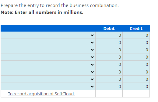 Prepare the entry to record the business combination.
Note: Enter all numbers in millions.
To record acquisition of SoftCloud.
V
Debit
0
0
0
0
0
0
0
Credit
0
c
0
0
0