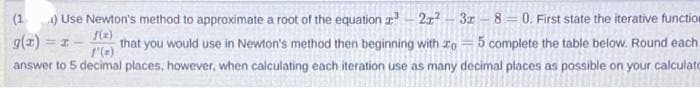 (1
g(x) = 1
() Use Newton's method to approximate a root of the equation ³ - 2x²-3x -80. First state the iterative function
f(x)
that you would use in Newton's method then beginning with zo = 5 complete the table below. Round each
1'(c)
answer to 5 decimal places, however, when calculating each iteration use as many decimal places as possible on your calculato
-