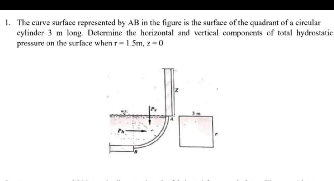 1. The curve surface represented by AB in the figure is the surface of the quadrant of a circular
cylinder 3 m long. Determine the horizontal and vertical components of total hydrostatic
pressure on the surface when r= 1.5m, z = 0
3m