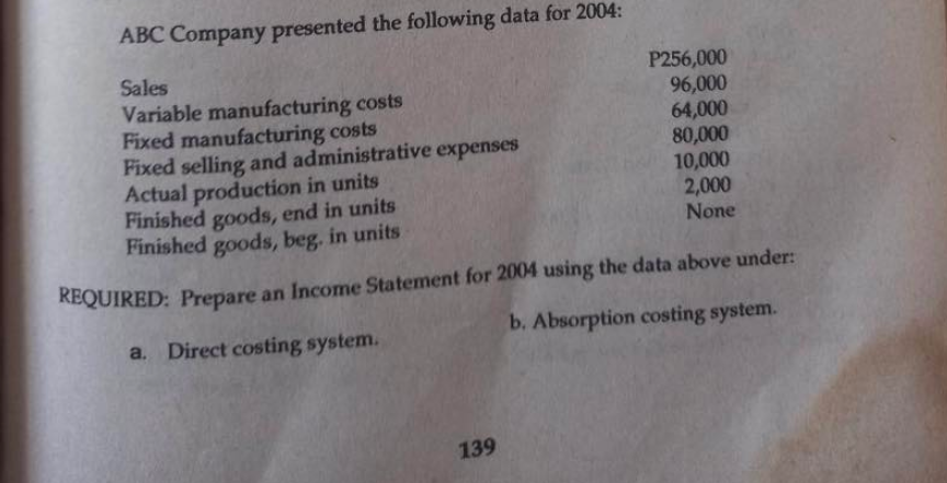 ABC Company presented the following data for 2004:
Sales
Variable manufacturing costs
Fixed manufacturing costs
Fixed selling and administrative expenses
Actual production in units
Finished goods, end in units
Finished goods, beg, in units
REQUIRED: Prepare an Income Statement for 2004 using the data above under:
b. Absorption costing system.
a. Direct costing system.
139
P256,000
96,000
64,000
80,000
10,000
2,000
None