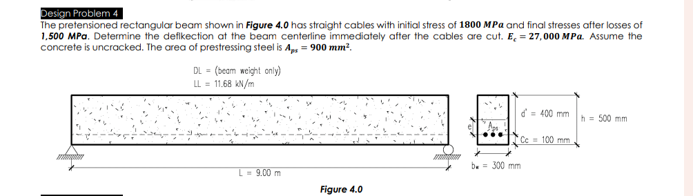 Design Problem 4
The pretensioned rectangular beam shown in Figure 4.0 has straight cables with initial stress of 1800 MPa and final stresses after losses of
1,500 MPa. Determine the deflkection at the beam centerline immediately after the cables are cut. E₁ = 27,000 MPa. Assume the
concrete is uncracked. The area of prestressing steel is Aps = 900 mm².
DL (beam weight only)
=
LL = 11.68 kN/m
d' = 400 mm
h = 500 mm
Aps
Cc = 100 mm
bw =
300 mm
= 9.00 m
Figure 4.0