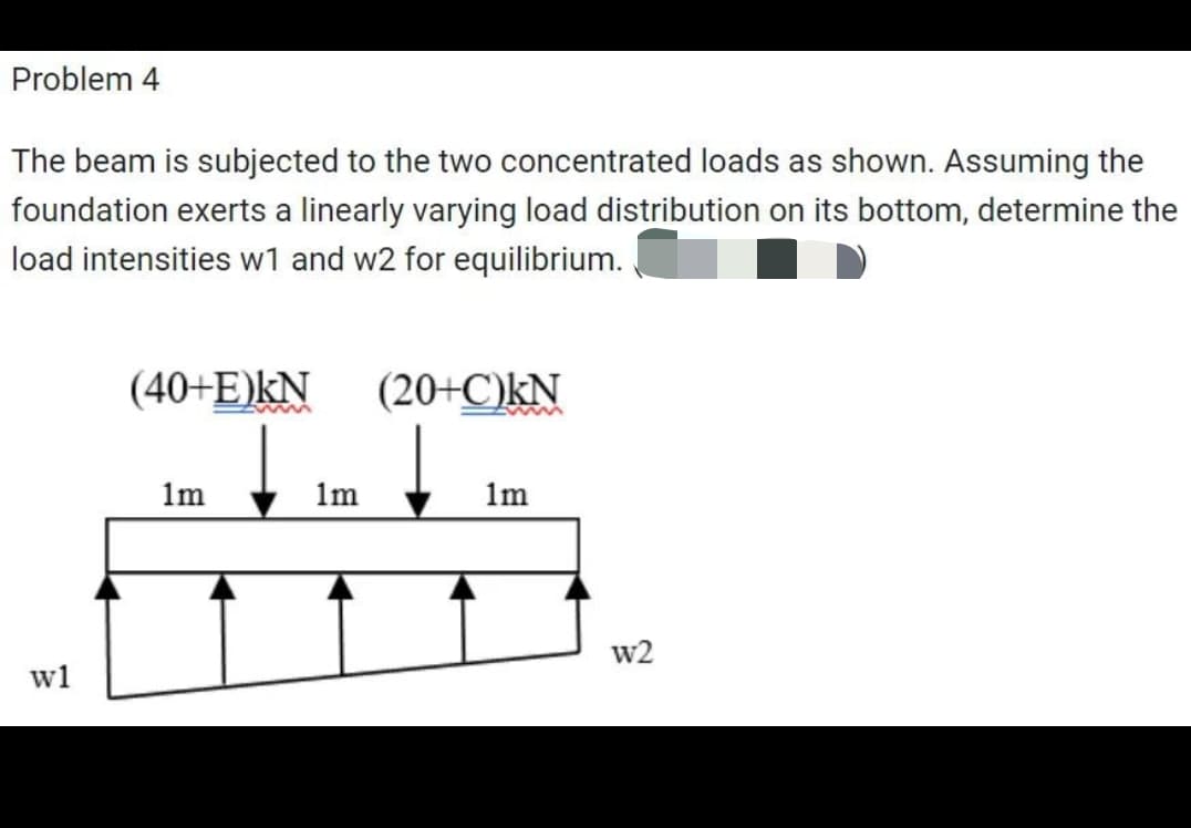 Problem 4
The beam is subjected to the two concentrated loads as shown. Assuming the
foundation exerts a linearly varying load distribution on its bottom, determine the
load intensities w1 and w2 for equilibrium.
w1
(40+E)KN (20+C)KN
1m
1m
1m
w2