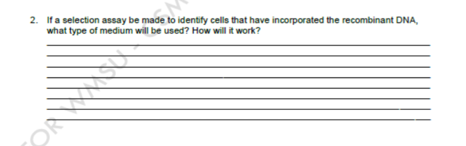 2. If a selection assay be made to identify cells that have incorporated the recombinant DNA,
what type of medium will be used? How will it work?
