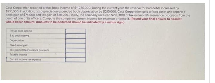 Cass Corporation reported pretax book income of $11,730,000. During the current year, the reserve for bad debts increased by
$210,000. In addition, tax depreciation exceeded book depreciation by $210,000. Cass Corporation sold a fixed asset and reported
book gain of $74,000 and tax gain of $111,250. Finally, the company received $293,000 of tax-exempt life insurance proceeds from the
death of one of its officers. Compute the company's current income tax expense or benefit. (Round your final answer to nearest
whole dollar amount. Amounts to be deducted should be indicated by a minus sign.)
Pretax book income
Bad debt reserve
Depreciation
Fixed asset gain
Tax-exempt life insurance proceeds
Taxable income
Current income tax expense