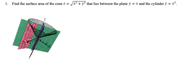 1. Find the surface area of the cone z = /x? + y? that lies between the plane y = x and the cylinder y = x?.
