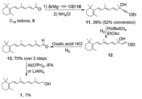 C18 ketone, 5
1) BrMg OEt 10
2) NH4CI
Oxalic acid/HCI
N₂
13, 70% over 2 steps
Al(O/Pr)3, IPA
or LIAIH4
Jakakon
1,1%
OH
OH
12
OEt
11, 39% (52% conversion)
H₂
Pd/BaSO4
EtOAc
OH
OEt