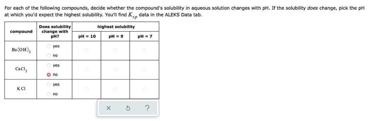 For each of the following compounds, decide whether the compound's solubility in aqueous solution changes with pH. If the solubility does change, pick the pH
at which you'd expect the highest solubility. You'll find K, data in the ALEKS Data tab.
sp
Does solubility
change with
pH?
highest solubility
compound
pH = 10
pH = 9
pH = 7
yes
Ba (он),
no
O yes
CaCl,
O no
yes
K CI
no
