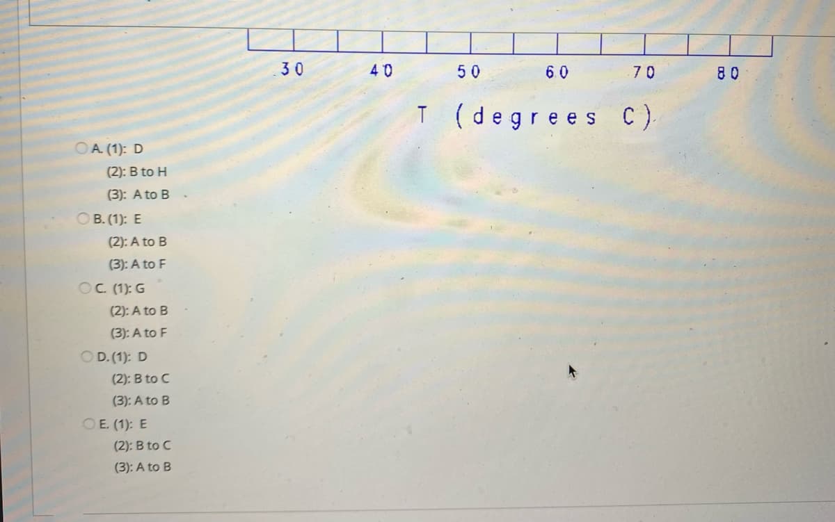 OA (1): D
(2): B to H
(3): A to B
OB. (1): E
(2): A to B
(3): A to F
OC. (1): G
(2): A to B
(3): A to F
OD. (1): D
(2): B to C
(3): A to B
OE. (1): E
(2): B to C
(3): A to B
30
40
50
6.0
70
T (degrees C).
80