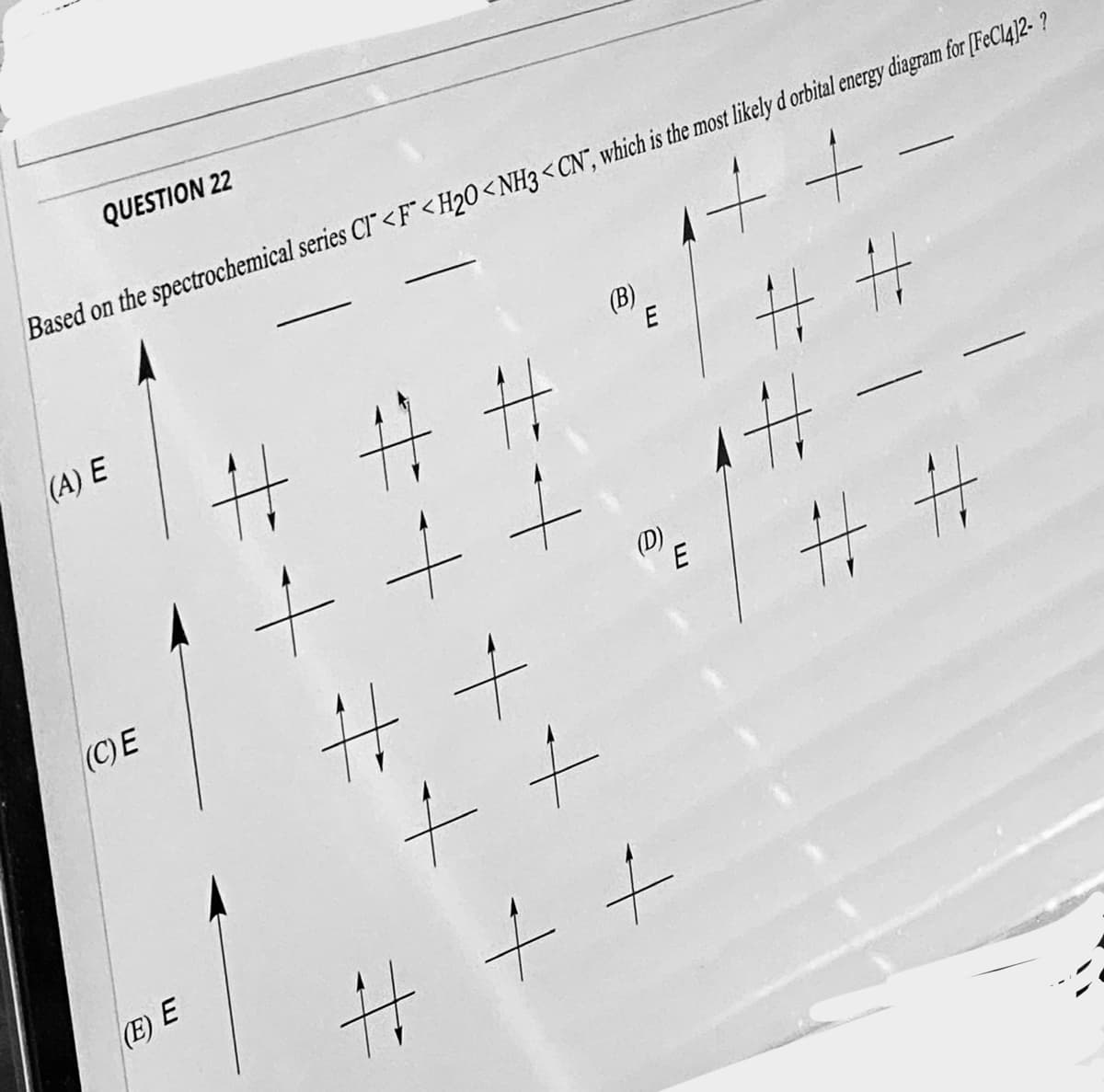 QUESTION 22
(A) E
Based on the spectrochemical series CT <F" <H2O < NH3 < CN", which is the most likely d orbital energy diagram for [FeCl4]2- ?
(C) E
(E) E
1+
다
*
*
ㅘ
#
to
/
(B)
+
(D)
E
+++
##
+