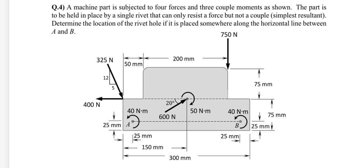 Q.4) A machine part is subjected to four forces and three couple moments as shown. The part is
to be held in place by a single rivet that can only resist a force but not a couple (simplest resultant).
Determine the location of the rivet hole if it is placed somewhere along the horizontal line between
A and B.
750 N
325 N
400 N
12
5
50 mm
40 N·m
25 mm A
125 mm
200 mm
20⁰
600 N
150 mm
50 N·m
300 mm
40 N·m
B
25 mm
75 mm
75 mm
25 mm