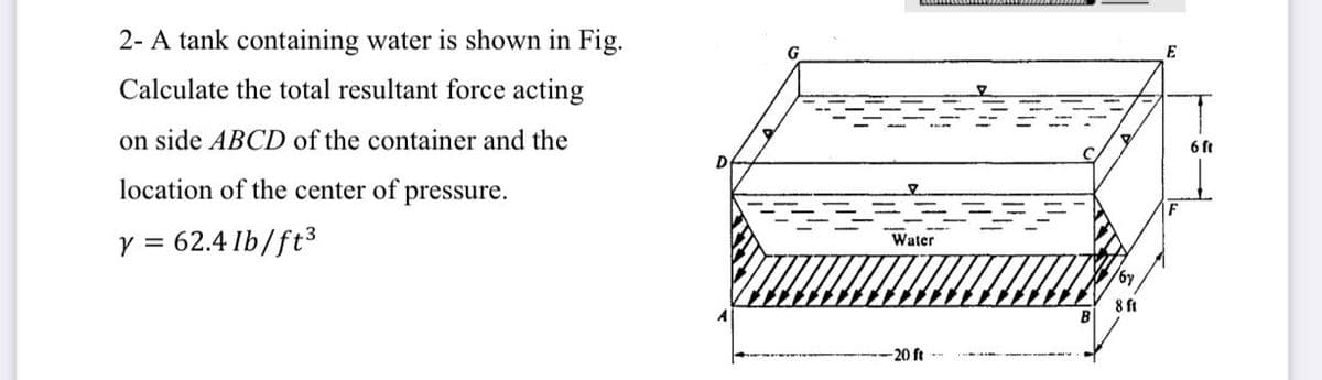 2- A tank containing water is shown in Fig.
E
Calculate the total resultant force acting
on side ABCD of the container and the
6 ft
location of the center of pressure.
62.4 Ib/ft3
Y =
Water
8 ft
B
-20 ft
