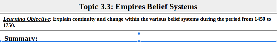 Topic 3.3: Empires Belief Systems
Learning Objective: Explain continuity and change within the various belief systems during the period from 1450 to
1750.
Summary:
