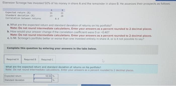 Ebenezer Scrooge has invested 50% of his money in share A and the remainder in share B. He assesses their prospects as follows:
Expected return (%)
Standard deviation (%)
Correlation between returns
A
16
23
Required A
a. What are the expected return and standard deviation of returns on his portfolio?
Note: Do not round intermediate calculations. Enter your answers as a percent rounded to 2 decimal places.
b. How would your answer change if the correlation coefficient were 0 or -0.40?
Note: Do not round intermediate calculations. Enter your answers as a percent rounded to 2 decimal places.
c. Is Mr. Scrooge's portfolio better or worse than one invested entirely in share A, or is it not possible to say?
8.4
Complete this question by entering your answers in the tabs below.
Required B Required C
Expected return
Standard deviation
B
21
28
What are the expected return and standard deviation of returns on his portfolio?
Note: Do not round Intermediate calculations. Enter your answers as a percent rounded to 2 decimal places.
18.50 %
%