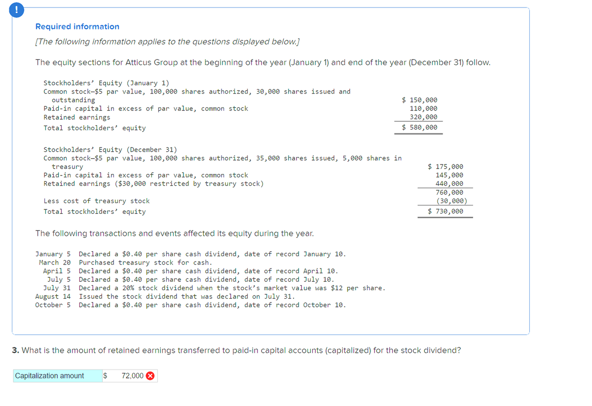 !
Required information
[The following information applies to the questions displayed below.]
The equity sections for Atticus Group at the beginning of the year (January 1) and end of the year (December 31) follow.
Stockholders' Equity (January 1)
Common stock-$5 par value, 100,000 shares authorized, 30,000 shares issued and
outstanding
Paid-in capital in excess of par value, common stock
Retained earnings
Total stockholders' equity
Stockholders' Equity (December 31)
Common stock-$5 par value, 100,000 shares authorized, 35,000 shares issued, 5,000 shares in
treasury
Paid-in capital in excess of par value, common stock
Retained earnings ($30,000 restricted by treasury stock)
Less cost of treasury stock
Total stockholders' equity
The following transactions and events affected its equity during the year.
January 5 Declared a $0.40 per share cash dividend, date of record January 10.
March 20
Purchased treasury stock for cash.
Declared a $0.40 per share cash dividend, date of record April 10.
Declared a $0.40 per share cash dividend, date of record July 10.
Declared a 20% stock dividend when the stock's market value was $12 per share.
Issued the stock dividend that was declared on July 31.
April 5
July 5
July 31
August 14
October 5 Declared a $0.40 per share cash dividend, date of record October 10.
$ 150,000
110,000
320,000
$ 580,000
Capitalization amount $ 72,000 X
$ 175,000
145,000
440,000
760,000
(30,000)
$ 730,000
3. What is the amount of retained earnings transferred to paid-in capital accounts (capitalized) for the stock dividend?