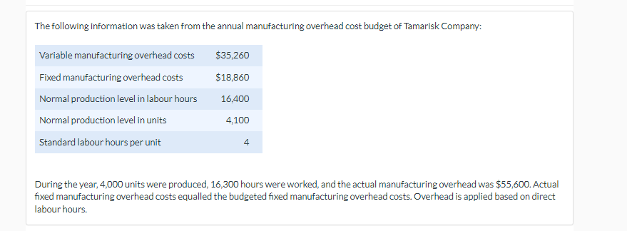 The following information was taken from the annual manufacturing overhead cost budget of Tamarisk Company:
Variable manufacturing overhead costs
Fixed manufacturing overhead costs
Normal production level in labour hours
Normal production level in units
Standard labour hours per unit
$35,260
$18,860
16,400
4,100
4
During the year, 4,000 units were produced, 16,300 hours were worked, and the actual manufacturing overhead was $55,600. Actual
fixed manufacturing overhead costs equalled the budgeted fixed manufacturing overhead costs. Overhead is applied based on direct
labour hours.