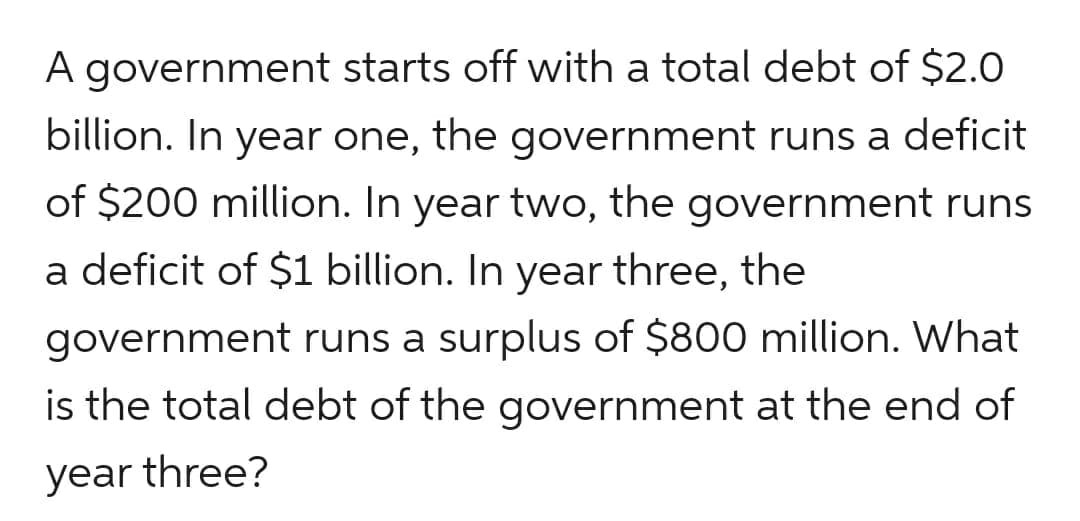 A government starts off with a total debt of $2.0
billion. In year one, the government runs a deficit
of $200 million. In year two, the government runs
a deficit of $1 billion. In year three, the
government runs a surplus of $800 million. What
is the total debt of the government at the end of
year three?