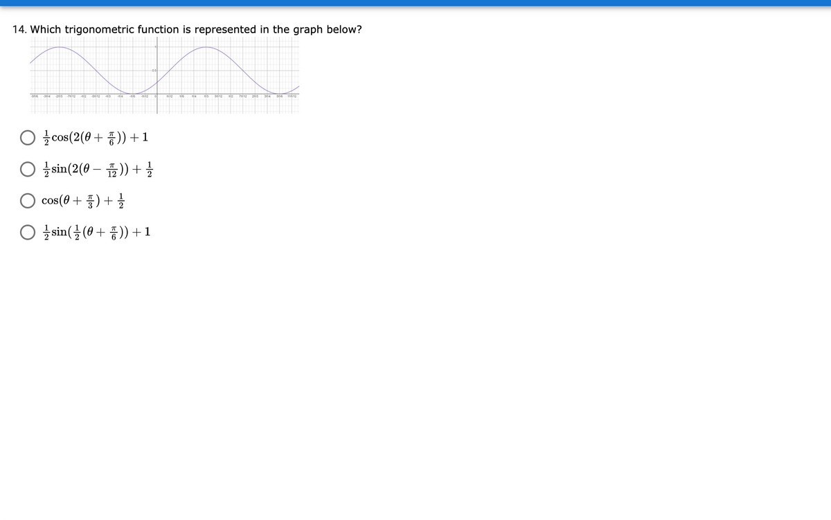 14. Which trigonometric function is represented in the graph below?
2ms -7n12
-T2
Sm12
m12
mis
Sm12
712 2o
11/12
○ 좋cos(2(8+ 풍)) + 1
○ 홀sin(2(8- 표)) + 글
O cos(8 + 풍) +를
○ isin((8+ 풍)) + 1
