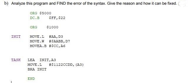 b) Analyze this program and FIND the error of the syntax. Give the reason and how it can be fixed. (
ORG $5000
DC.B
INIT
TASK
ORG
SFF, $22
$1000
MOVE.L #AA, D3
MOVE.W #SAABB, D7
MOVEA.B #SCC, A6
END
LEA INIT, A3
MOVE.L
BRA INIT
#$1122CCDD, (A3)