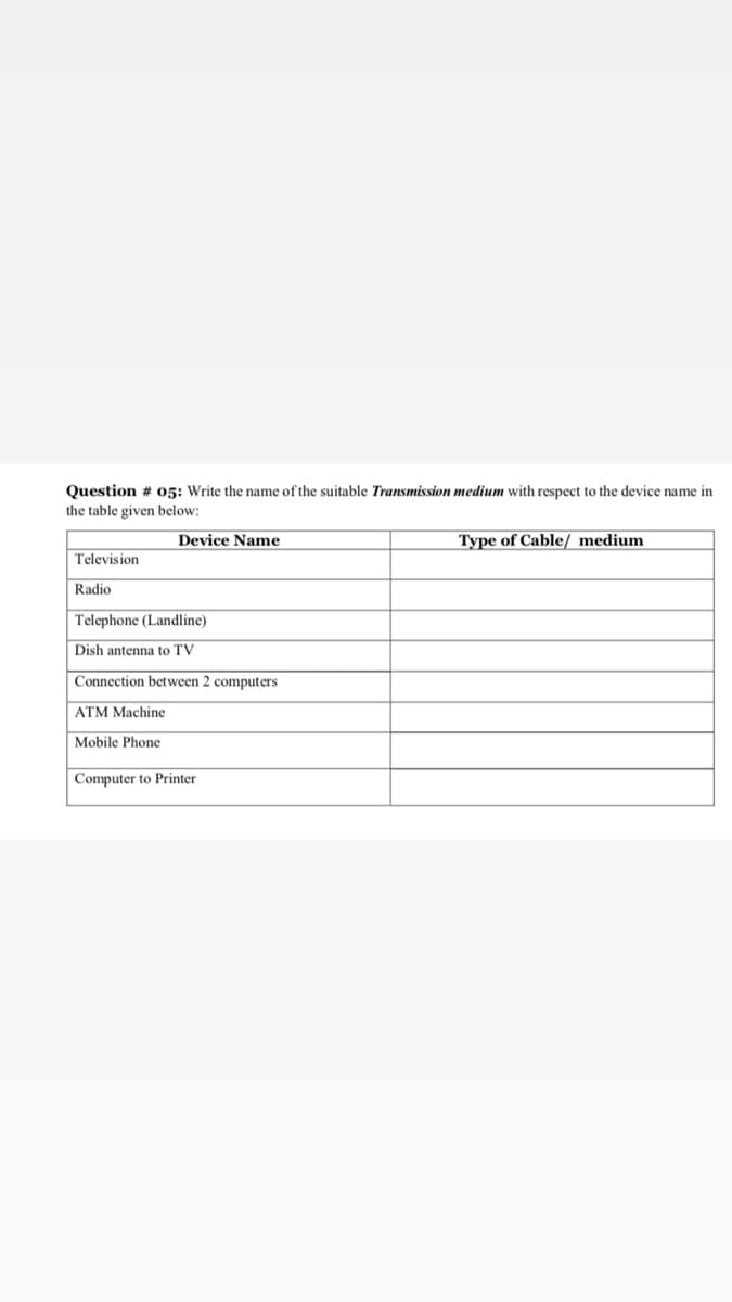 Question # 05: Write the name of the suitable Transmission medium with respect to the device name in
the table given below:
Device Name
Type of Cable/ medium
Television
Radio
Telephone (Landline)
Dish antenna to TV
Connection between 2 computers
ATM Machine
Mobile Phone
Computer to Printer
