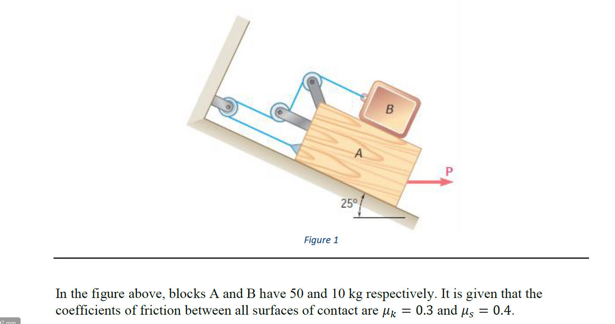 A
25°
Figure 1
In the figure above, blocks A and B have 50 and 10 kg respectively. It is given that the
coefficients of friction between all surfaces of contact are µk = 0.3 and us
0.4.
27 mm
B.
