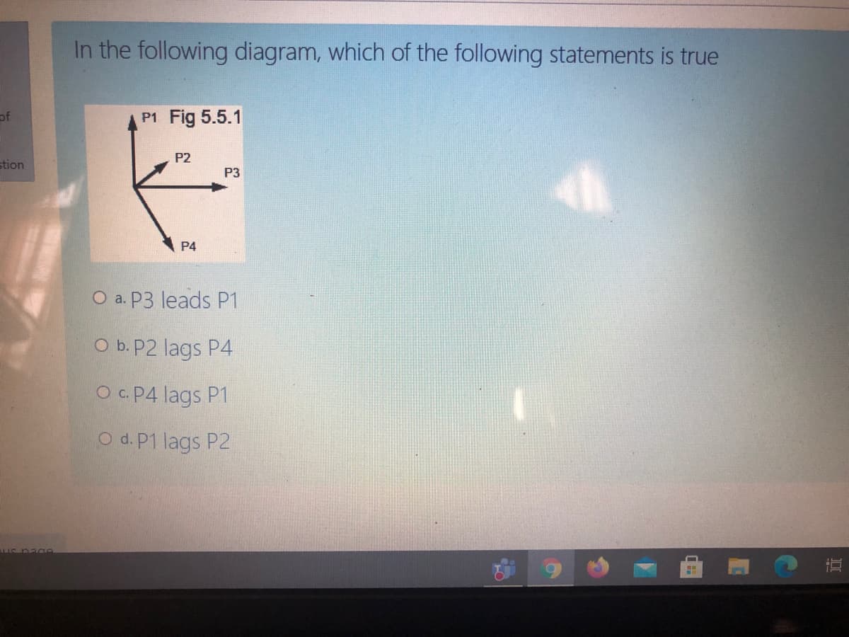 In the following diagram, which of the following statements is true
of
P1 Fig 5.5.1
P2
stion
P3
P4
O a. P3 leads P1
O b. P2 lags P4
O c. P4 lags P1
O d. P1 lags P2
