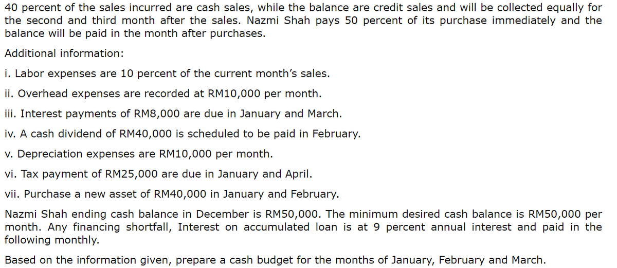 40 percent of the sales incurred are cash sales, while the balance are credit sales and will be collected equally for
the second and third month after the sales. Nazmi Shah pays 50 percent of its purchase immediately and the
balance will be paid in the month after purchases.
Additional information:
i. Labor expenses are 10 percent of the current month's sales.
ii. Overhead expenses are recorded at RM10,000 per month.
iii. Interest payments of RM8,000 are due in January and March.
iv. A cash dividend of RM40,000 is scheduled to be paid in February.
v. Depreciation expenses are RM10,000 per month.
vi. Tax payment of RM25,000 are due in January and April.
vii. Purchase a new asset of RM40,000 in January and February.
Nazmi Shah ending cash balance in December is RM50,000. The minimum desired cash balance is RM50,000 per
month. Any financing shortfall, Interest on accumulated loan is at 9 percent annual interest and paid in the
following monthly.
Based on the information given, prepare a cash budget for the months of January, February and March.
